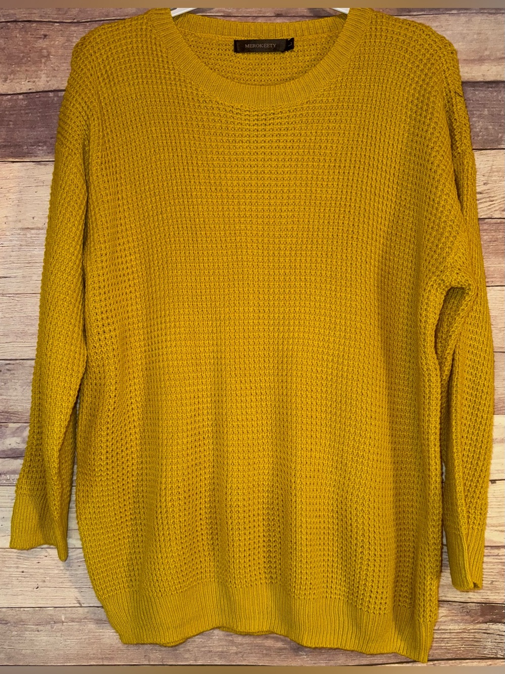 Merokeety Mustard Crewneck Waffle Knit Sweater